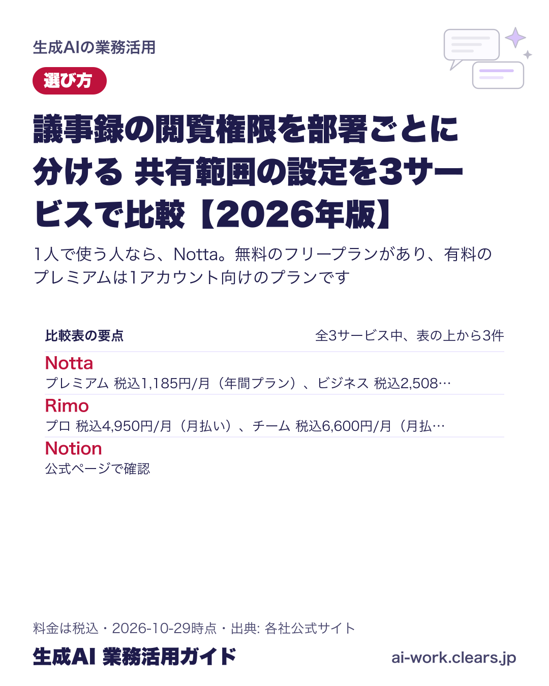 議事録の閲覧権限を部署ごとに分ける 共有範囲の設定を3サービスで比較【2026年版】の比較表の要点